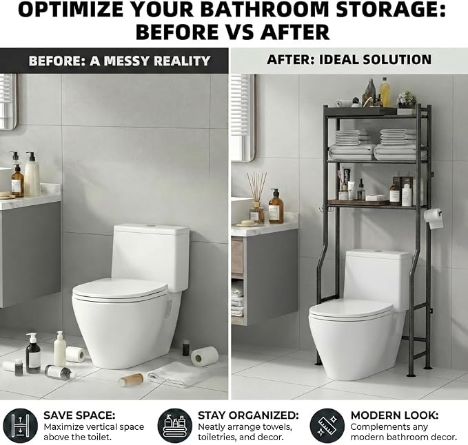 GloTika 3-Tier Over Toilet Storage - 150lb Total Capacity Metal Bathroom - Image 7