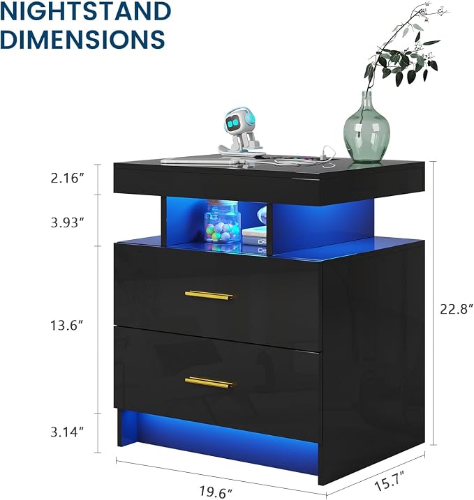 HNEBC Auto LED Nightstand with Wireless Charging Station & USB Ports, High - Image 2