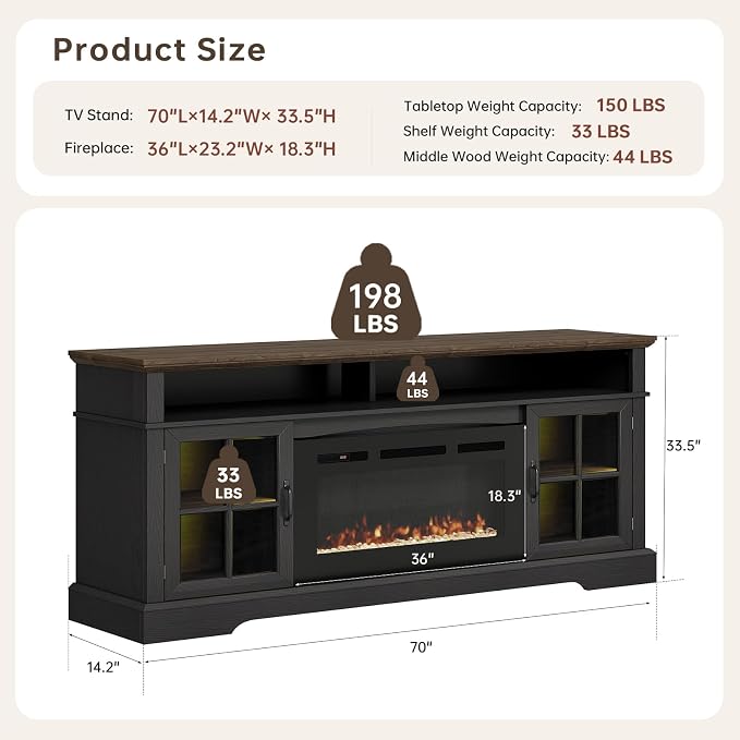 70" Fireplace TV Stand, Farmhouse Entertainment Center - Image 2