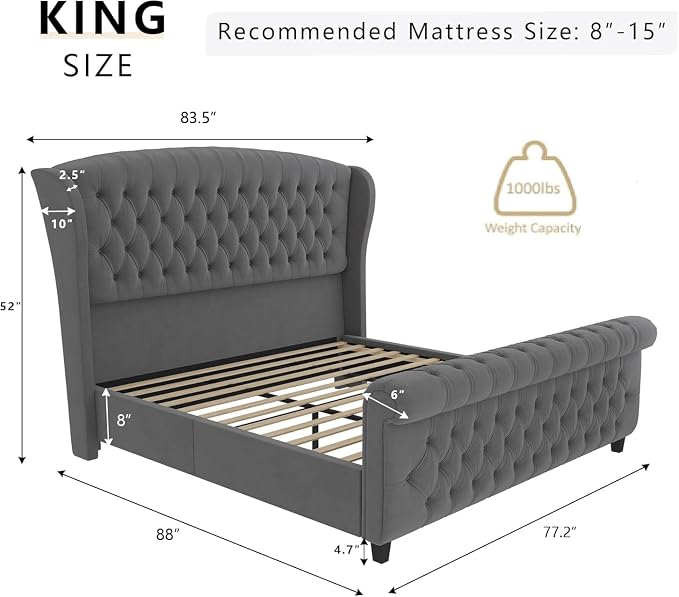 AMERLIFE King Size Platform Bed Frame, Velvet Upholstered Sleigh Bed - Image 2