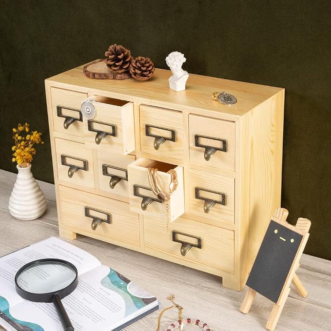 Apothecary Cabinet with 10 Drawers & Labels Rustic Library Card Catalog Cabinet - Image 5