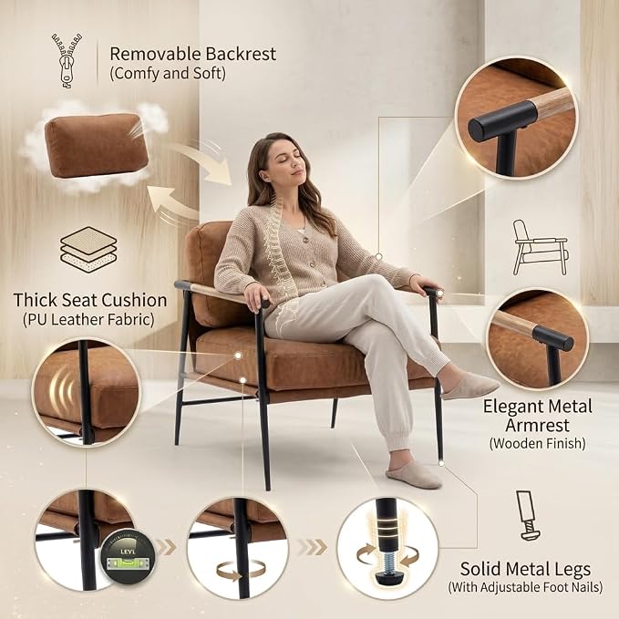 Ya-Home Mid-Century Accent Chair, Soft Armchair PU Leather Lounge Chair - Image 5