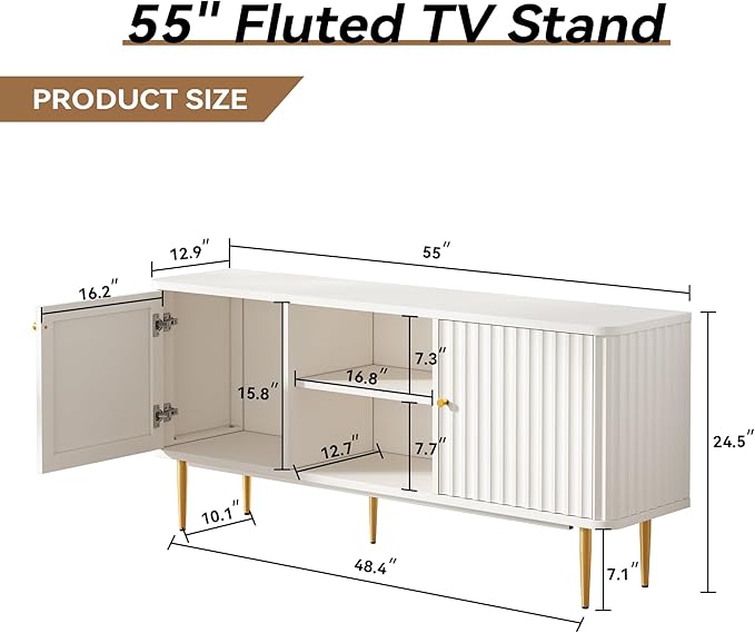 ARTPOWER 55” Fluted TV Stand, Mid Century Modern White TV Stand - Image 2