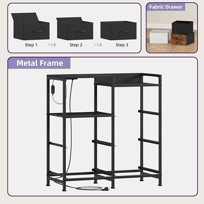 Somdot Black Nightstand with Charging Station and LED Light, Wide 5 Drawers - Image 7