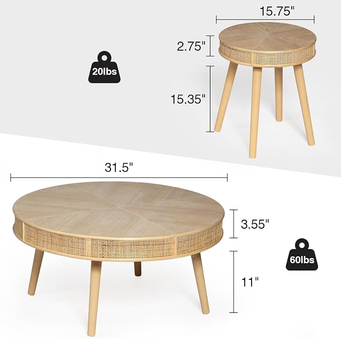 Wnutrees Farmhouse Round Coffee Table, Rustic Sofa Side Tea Tables Nesting - Image 2