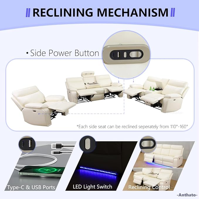Power Recliner Loveseat, Living Room Furniture Sets, Breathing Leather - Image 6