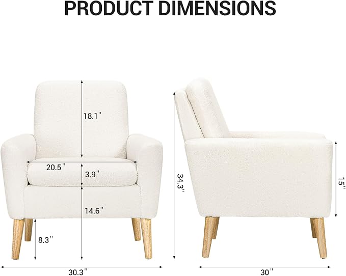 Sherpa Accent Chair, Modern White Teddy Fabric Upholstered Comfortable Armchair - Image 2