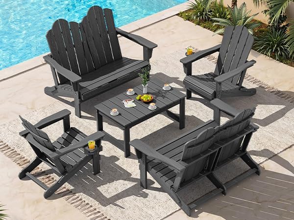 SERWALL 5 Pieces HDPE Patio Adirondack Chair Set, 2 Adirondack Chair by SERWALL