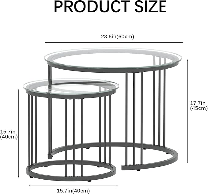 Garden 4 you Nesting Coffee Table, 23.6" Round Coffee Table Set of 2, Glass - Image 2