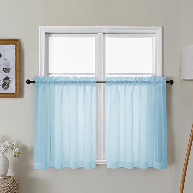 Gwine Sky Blue Sheer Curtains 30 Inch Length, Short Light Filtering Voile Small by Gwine