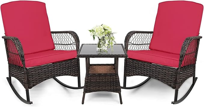LEVELEVE 3 pcs Rocking Bistro Set Conversation Chairs PE Wicker Outdoor Rocking by Enjoyyourlife