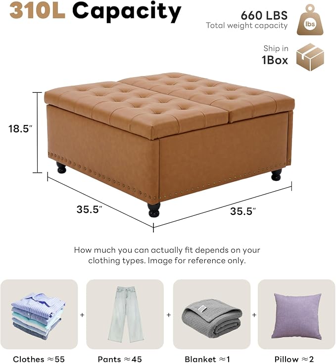 Tbfit Large Square Storage Ottoman Bench, Tufted Upholstered Coffee Table - Image 2