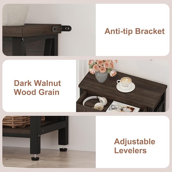 FATORRI Small Bookcase with Drawer, Industrial 3 Shelf Bookshelf, Wood and - Image 5