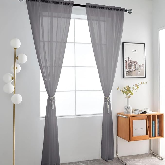 SpaceDresser Grey Sheer Curtains 4 Panels Rod Pocket Semi-Sheer Curtain 54 - Image 3