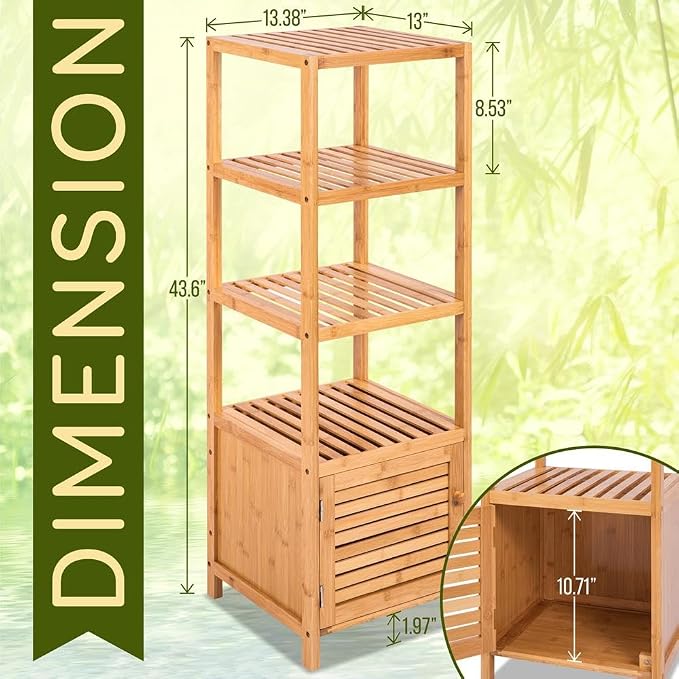 SereneLife 5-Tier Bamboo Bathroom Storage, Corner Slim Rack Cabinet Organizer - Image 2
