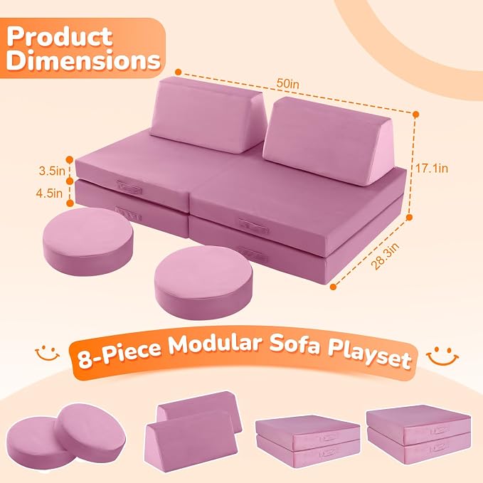 MeMoreCool Toddler Couch for Girls, 8-Piece Modular Kids Play Couch in Dusty - Image 2