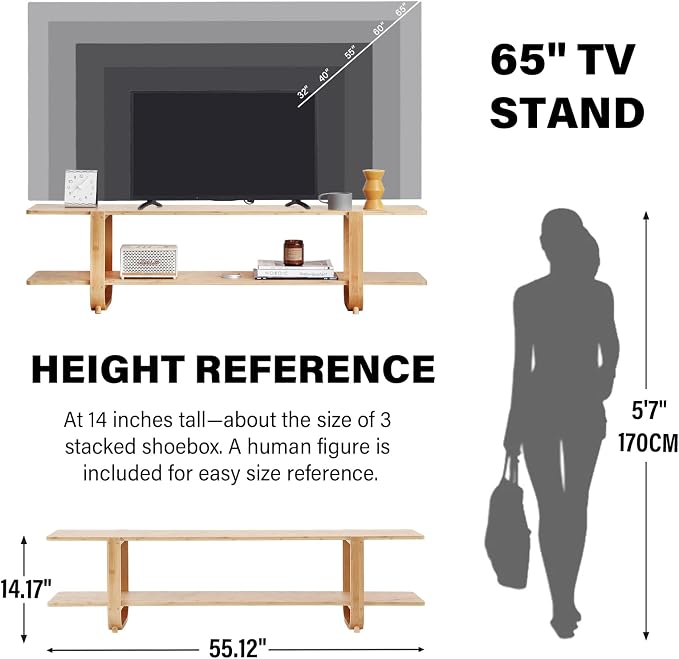 Welnow Low Bamboo TV Stand for Up to 65 Inch, Small Mid Century Modern - Image 5