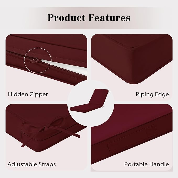 Chaise Lounge Cushions Outdoor, 4 Adjustable Ties Lounge Chair Cushions - Image 3