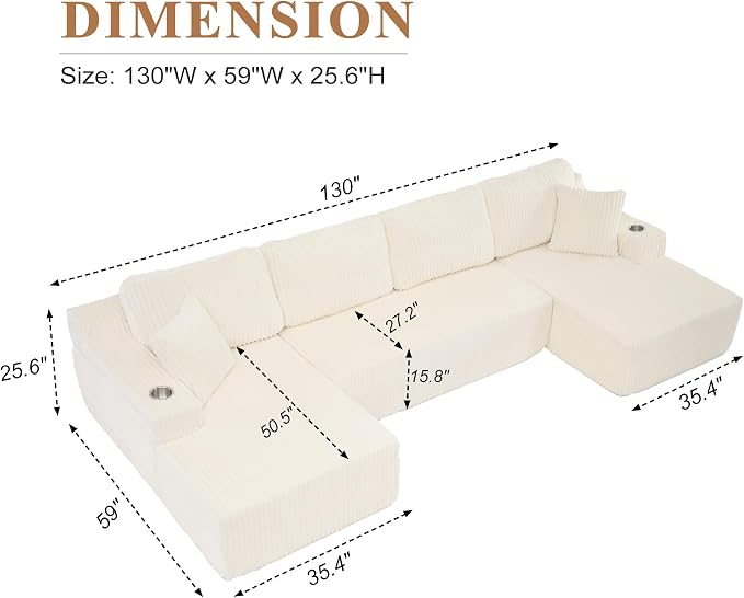 130" Modular Sectional Sleeper Sofa, Modern Cloud Sectional Sofa Couch - Image 2