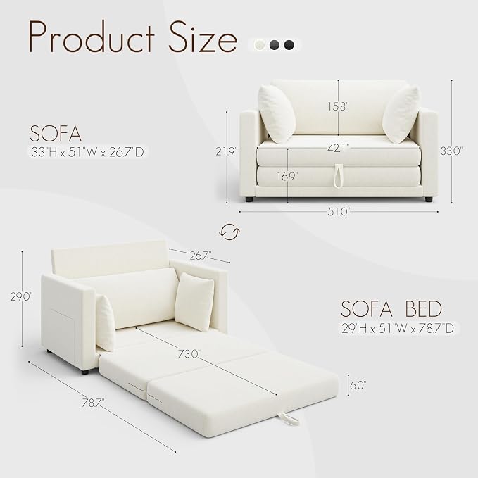 Convertible Sofa Bed, 2 in 1 Pull Out Loveseat Sleeper Sofa | 78.7” Folding - Image 3