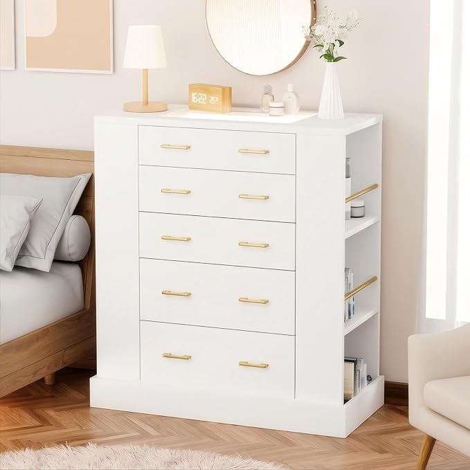 Drawer Dresser with LED Lights and Open Shelves, Modern Tempered Glass Top - Image 8