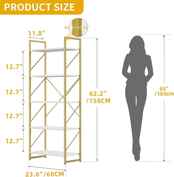 DWVO Gold Bookshelf, Modren 5 Tier Bookcase, Storage Shelves Organizer Standing - Image 2
