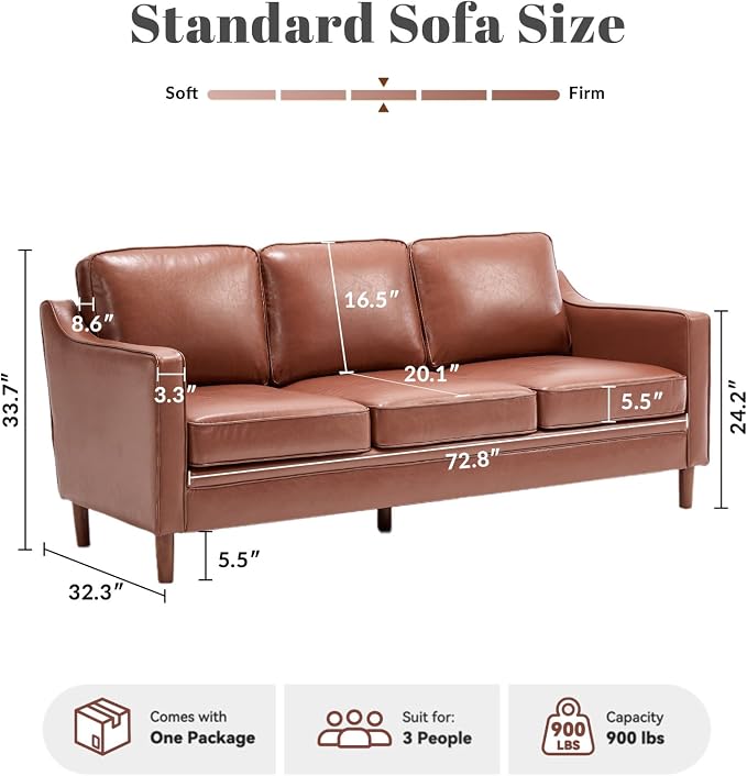 Kingfun 80" Faux Leather Sofa, 3 Seater Couch, Mid Century Modern Couches - Image 2