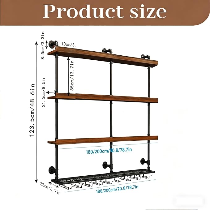 Wall Mounted Wine Rack with LED Lights, 4-Tier Industrial Wood Floating Shelves - Image 2