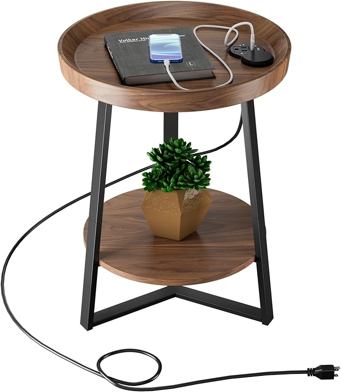 Gadroad Round End Table with Charging Station, USB Ports, Wood Tabletop & Black by Gadroad