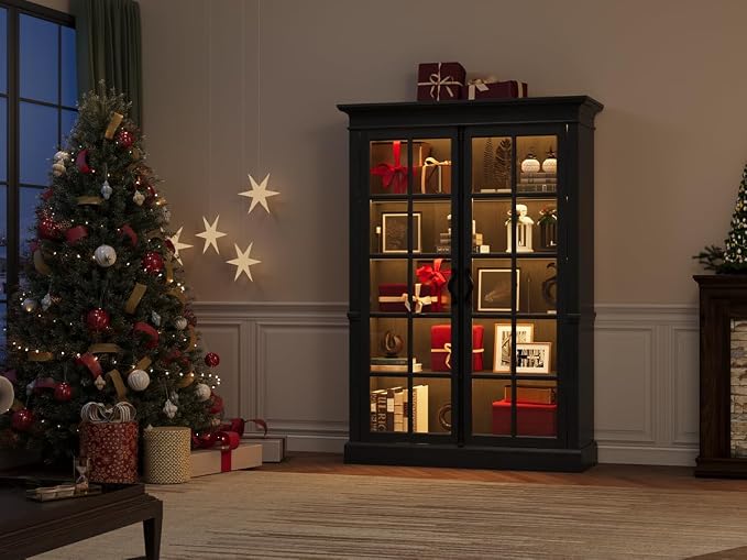 QUW Modern 65" Tall Display Cabinet, Farmhouse Curio Cabinets - Image 9