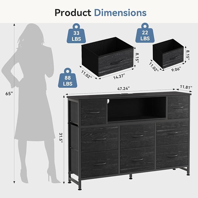 DUMOS TV Stand Dresser with 8 Fabric Drawers and Open Shelves, LED - Image 3
