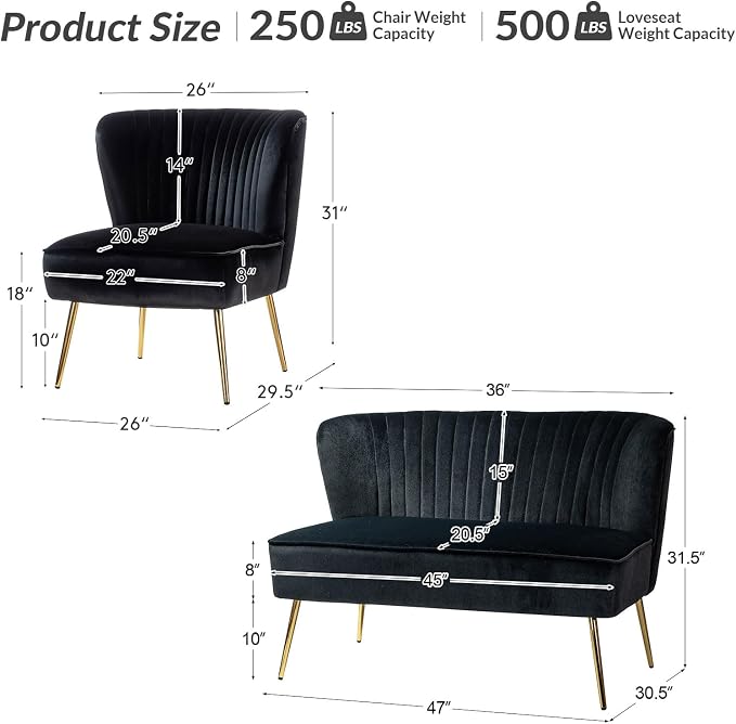 HULALA Home 3 Piece Velvet Living Room Furniture Set, Modern Comfy Upholstered - Image 2