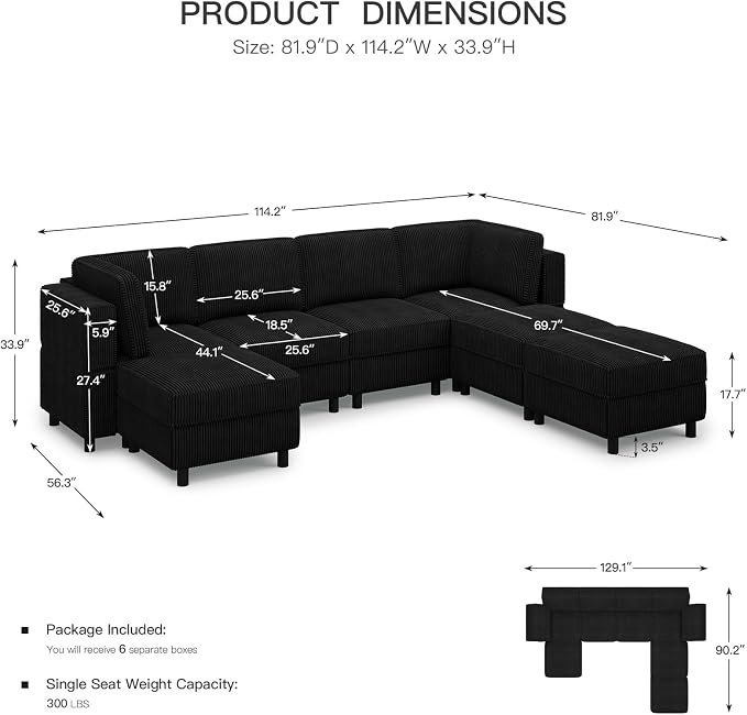 Belffin 114.2" Modular Sectional Sofa Corduroy 7 Seats U Shaped Sofa Couch - Image 2