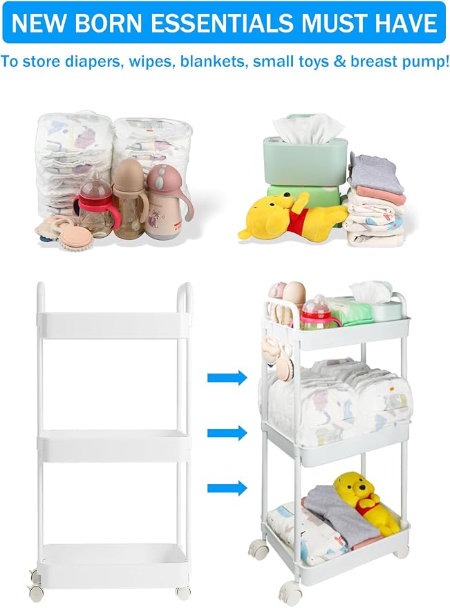 Volnamal Diaper Caddy Organizer, 3-Tier Movable Diaper Cart - Image 2