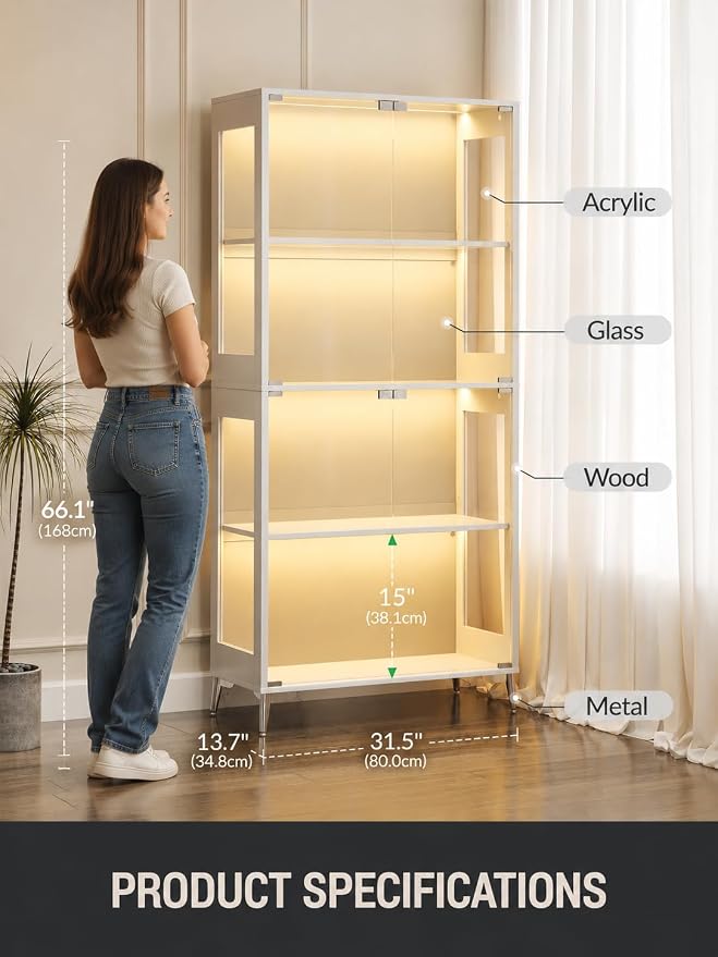 Display Cabinet with Glass Doors, 4-Tier Curio Cabinet, Adjustable Shelves - Image 4