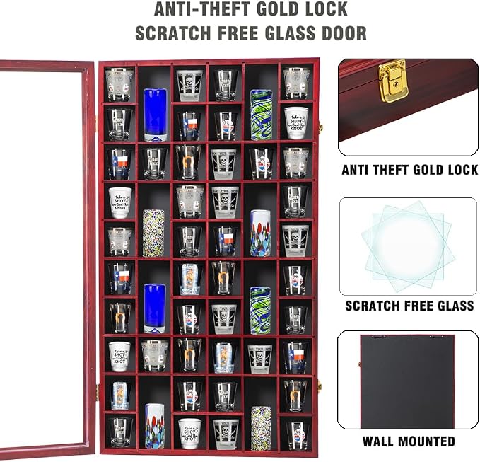 Shot Glass Display Case Large Wooden Cabinet Rack Holder Wall Mounted Mahogany - Image 3
