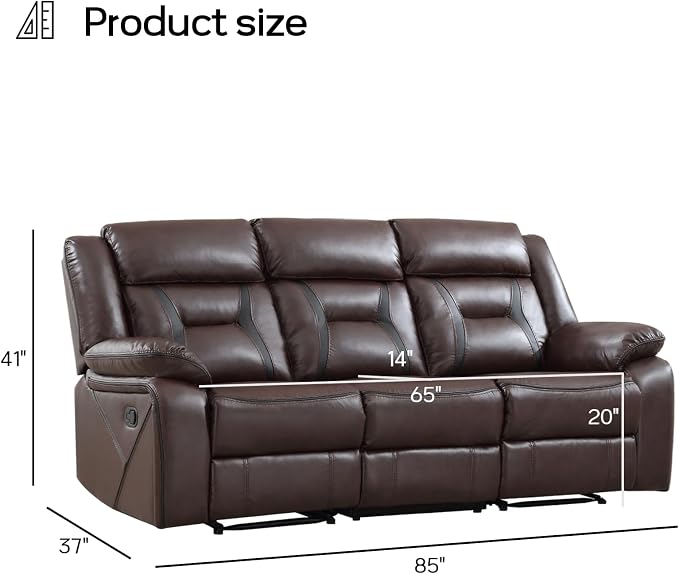 EBELLO Faux Leather Manual Reclining Sofa, 3 Seat Recliner Sofa Chair, Couch - Image 2