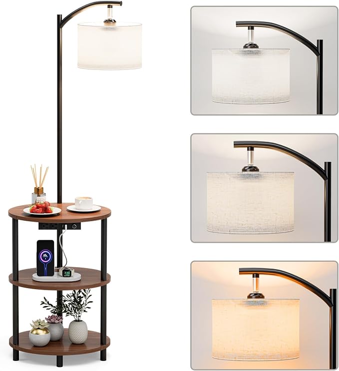 Round Side Table with Lamp and USB Ports, 3-Tier Small End Table by RISWER