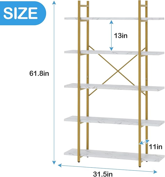 5 Tiers Bookshelf Organizer White Faux Marble Shelf, Modern Open Display - Image 2