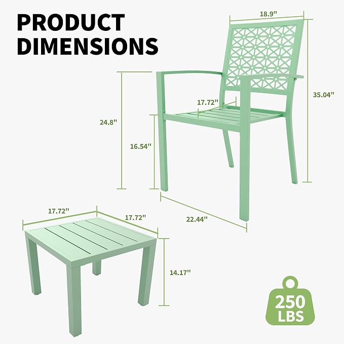 GarveeTech 3 PCS Outdoor Bistro Set, Stackable Modern Metal Steel Table and - Image 2