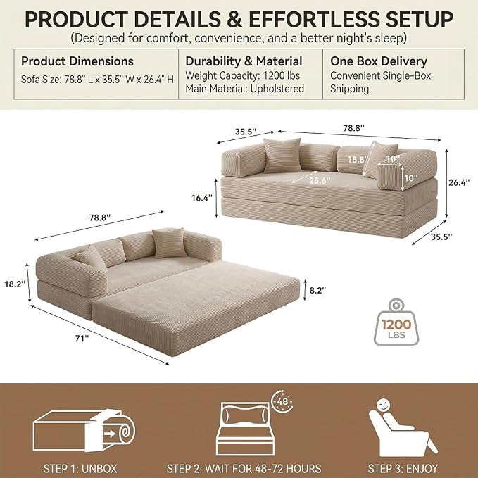 78" 4-in-1 Convertible Sofa Bed, Boneless Corduroy Sleeper Couch - Image 2
