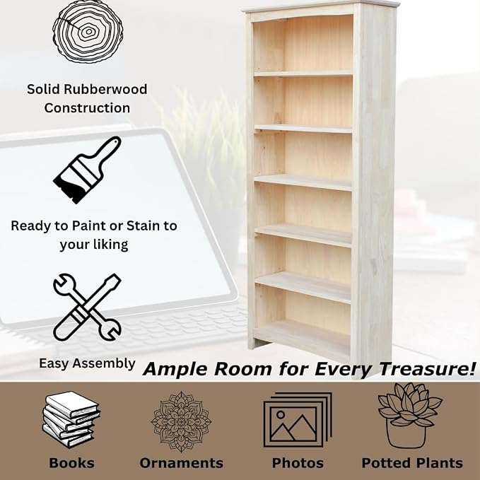 International Concepts Shaker Bookcase 72-Inch Tall, Solid Parawood, 5-Shelf - Image 5