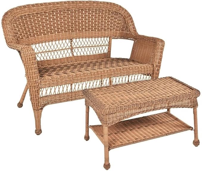 Jeco Wicker Patio Love Seat and Coffee Table Set in Honey Without Cushion by Jeco