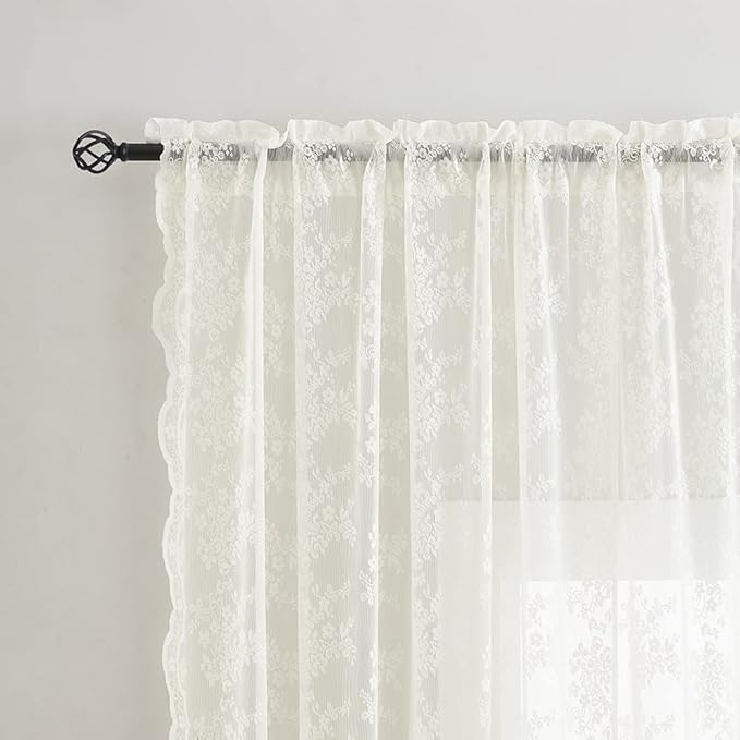 YJ YANJUN Vintage Lace Curtains 72 Inches Long- Antique Flowers Ivory Sheer - Image 3