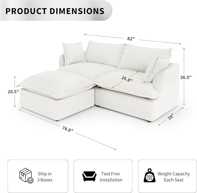 2 Seat with Ottoman L Shape Modular Sectional Couch Sofa - Image 2