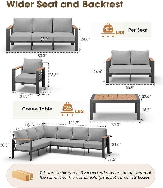 Aluminum Outdoor Patio Furniture Set 6 Seats, Outdoor Sectional Corner Sofa - Image 3