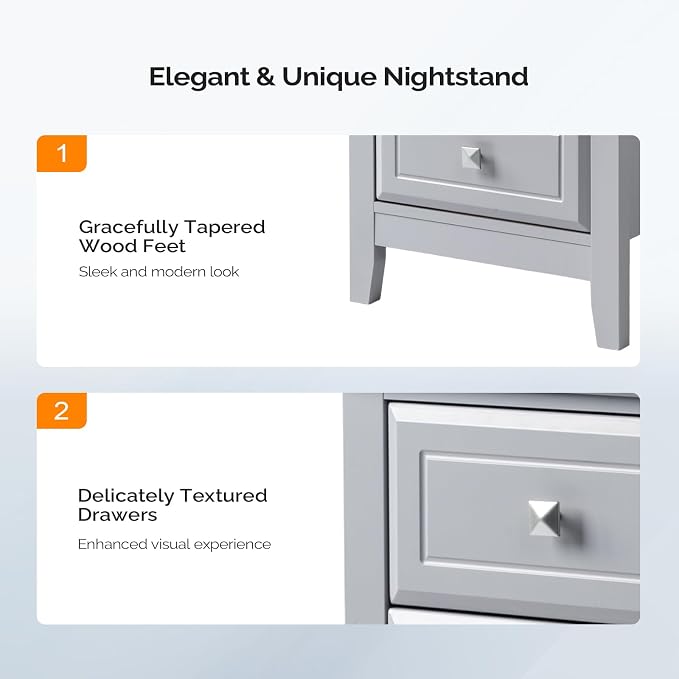 Bonnlo Gray Nightstand with 3 Drawers, Modern Night Stand - Image 4