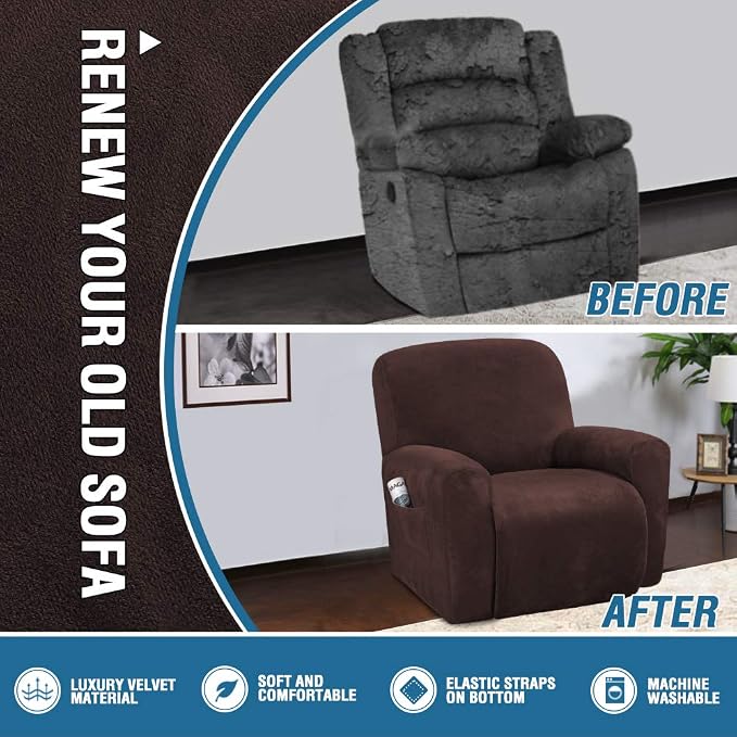 H.VERSAILTEX Velvet Stretch Recliner Couch Covers 4-Pieces Style Recliner Chair - Image 5