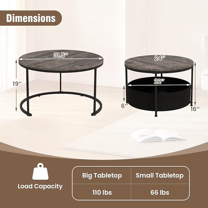 Tangkula Round Nesting Coffee Table Set of 2, Wooden Center End Table - Image 3
