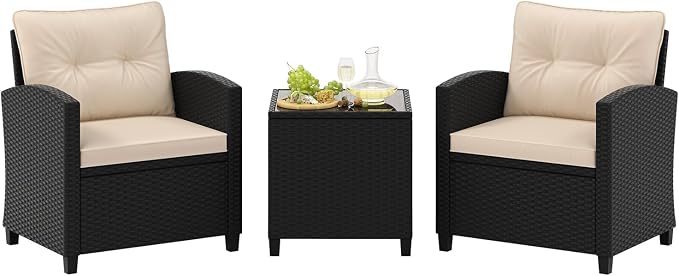 Tangkula 3 Piece Patio Furniture Set, Rattan Conversation Set w/Soft Seat & by TANGKULA